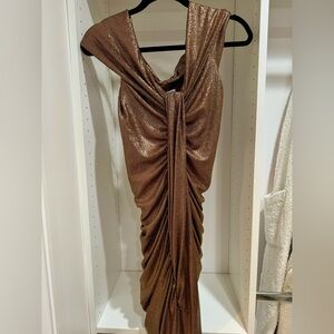 Prabal Gurung Bronze Metallic Ruched Midi Cocktail Off Shoulder Dress Large New!